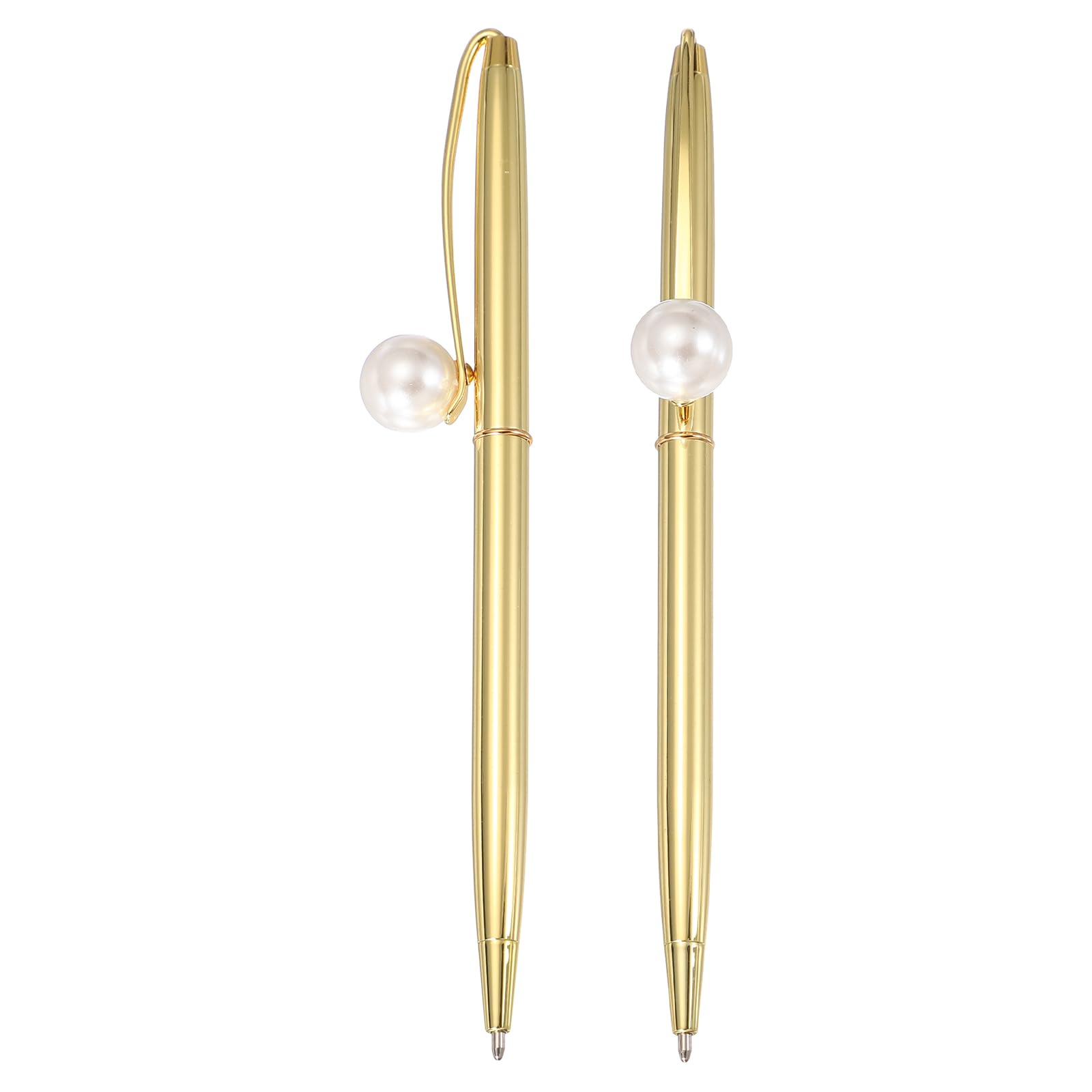 PATIKIL Pearl Decorative Metal Ballpoint Pen, 2Pcs Pearl Ballpoint Ball Pen 1.0mm for Wedding Note Taking Journaling Gift Office, Plated Gold