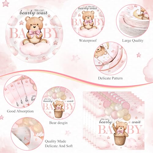 Image of Funnymoom 452 Pcs 50 Guests We Can Bearly Wait Baby Shower Decorations Girl, Blue Baby Girl Shower Paper Plates Napkins Cups Tablecloth Cutlery Straws Tableware Set for Gender Reveal Party Supplies