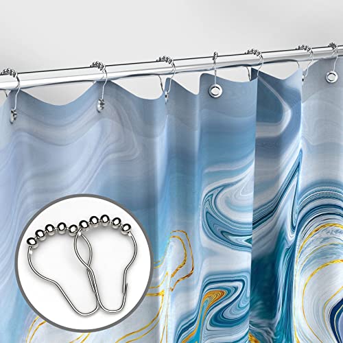 Colourful Marble Shower Curtain For Bathroom Sets Fabric With 12 Hooks, Watercolor Abstract Ink Digital Print, Blue Teal Jade Texture And Gold Stripes, Waterproof Washable Fabric, 72" X72" #TOP3