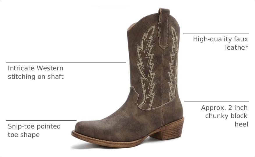 GLOBALWIN Women’s Brown Cowboy Boots Mid-Calf Embroidered Cowgirl Boots Comfortable Pointed Square Toe Shoes for Country Concerts, Festivals & Night Out Size 7M - image 3