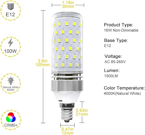 Miniatura 3 de Paquete de 6 bombillas LED E12, 16 W CRI80+ blanco natural 4000K bombillas de candelabro, equivalente a 1500 lm 120 W, base E12, bombillas LED de