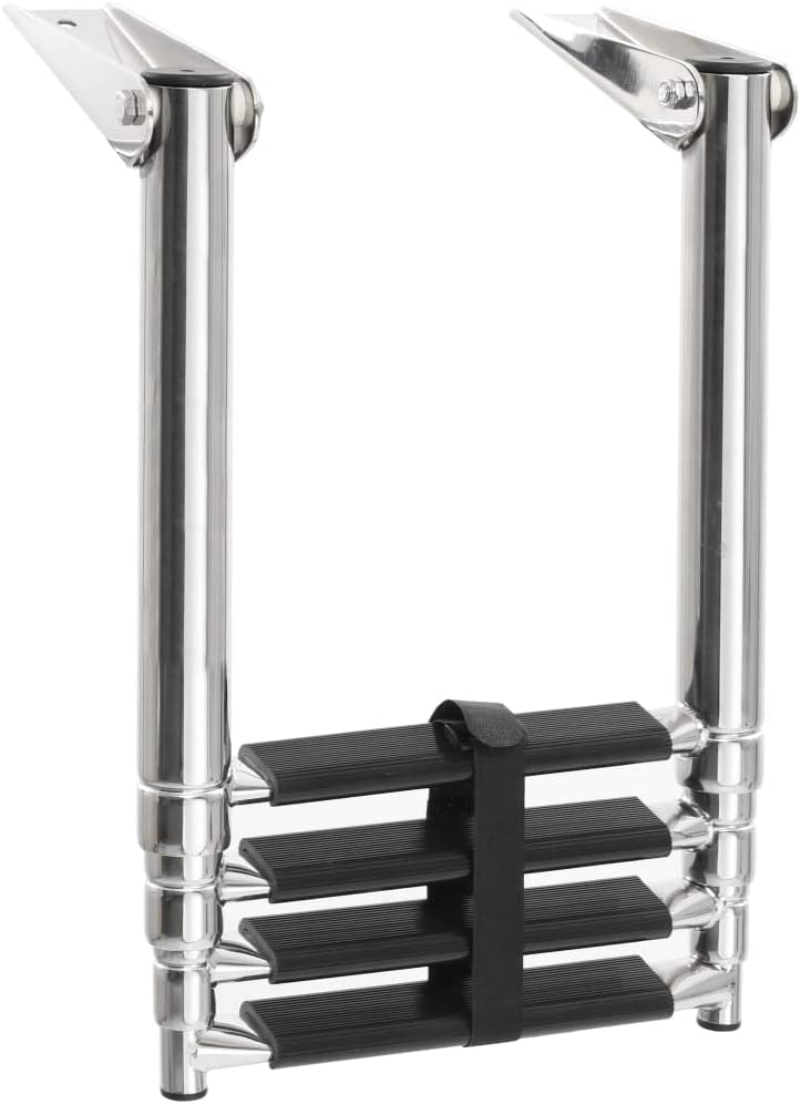 vidaXL Telescopic Folding Boarding Ladder - 4-Step Stainless Steel - Compact, High Strength, Slip-Proof Tread, with Mounting Accessories.