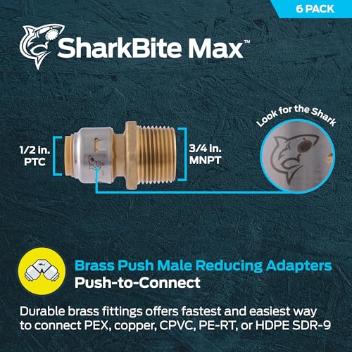 Image of SharkBite Max 1 /2 Inch x 3 /4 Inch MNPT Adapter, Pack of 6, Push-to-Connect Brass Plumbing Fitting, UR116