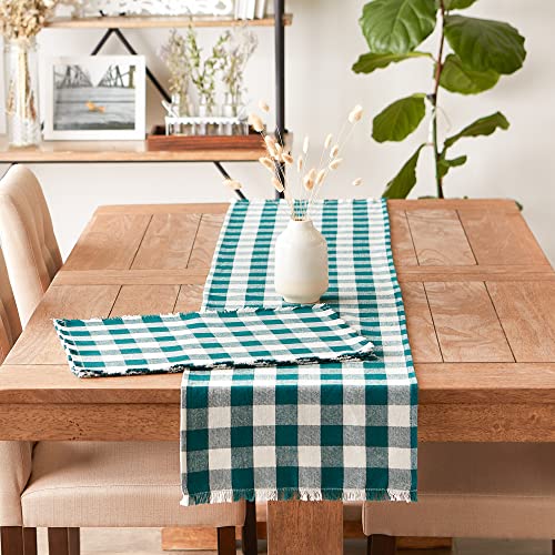 DII Fringed Check Tabletop, Table Runner, 14x108, Teal - image 5
