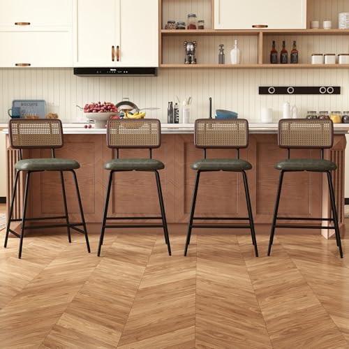 Image of Bar Stools Set of 4, 26 inch Modern Rattan Counter Height Bar Stools with Metal Legs, Upholstered Faux Leather Barstools with Cane Backrest for Kitchen Home Bar Restaurant, Green