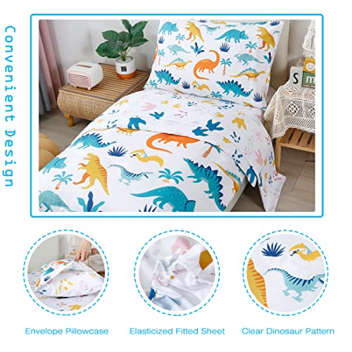 PERFEMET 4 Pieces Toddler Bedding Set Cartoon Dinosaur Print Comforter Sheet Set for Boys Microfiber Soft Toddler Comforter Set Includes Comforter, Flat Sheet, Fitted Sheet and Pillowcase, Colorful