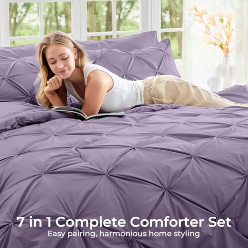 Image of Sasttie Queen Comforter Set, 7-Piece Bed in a Bag, Pintuck Bedding Sets for All Season, Includes Comforter, Flat Sheet, Fitted Sheet, Pillowcases and Pillowshams, New Purple