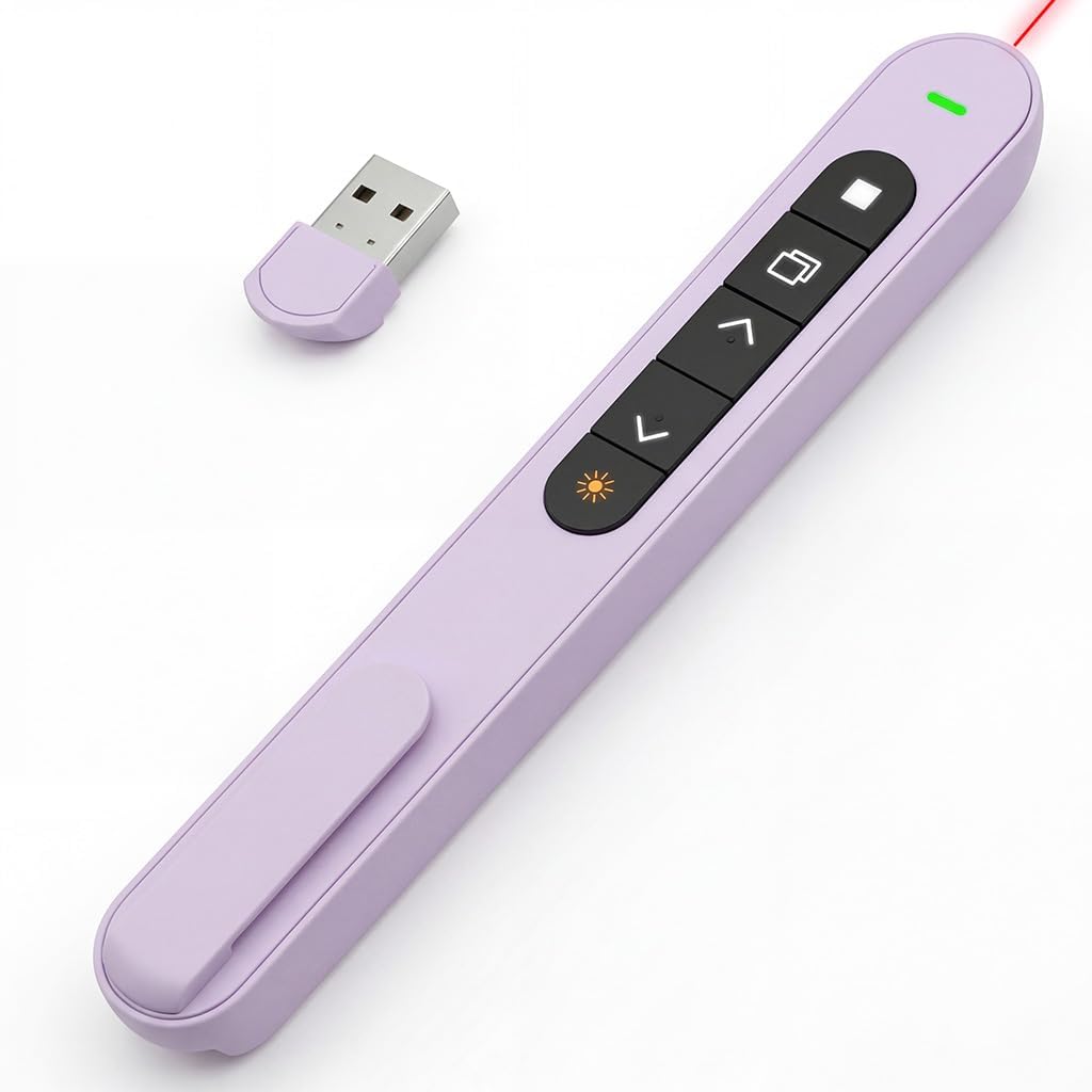 Presentation Clicker for PowerPoint, 2.4GHz Hyperlink Volume Slide Advancer 328FT USB Wireless Presenter Remote Pointer Plug & Play for Teacher Classroom Office Meeting Laptop Computer Mac (Purple)
