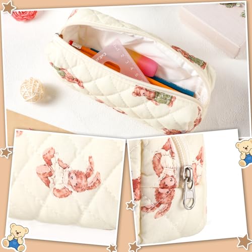 Image of Sherr Bear Pencil Case Beige Cute Pencil Pouch Soft Cotton Quilted Storage Bag Aesthetic Pattern Gift Makeup Pouch Cosmetic Travel Bag for Women