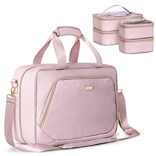 Professional Makeup Artist Travel Case with 4 Detachable Cosmetic Bags, Large Make up Organizer Bag with Makeup Kit Storage Section and Hair Tools Pocket, Pink (Empty Bag Only)