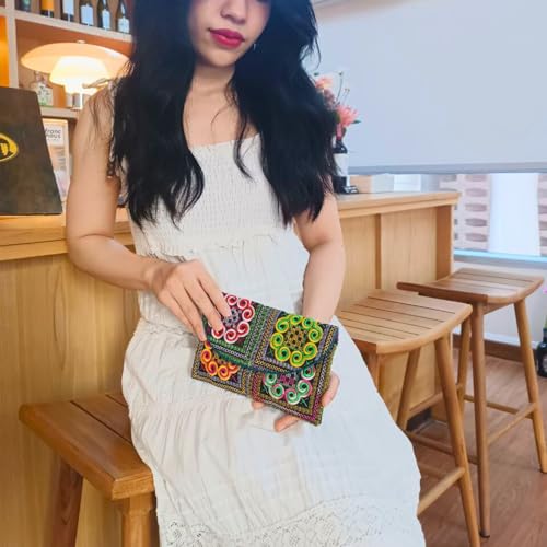 Sabai Jai Embroidered Magnet Snap Clutch Envelope Wallet for Women - Cute Colorful Ethnic Boho Accessory Organizer Money Holder Bag (Bold Spirals)3