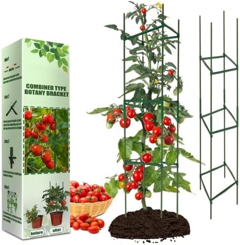 Tomato Cage Plant Support for Garden - 13 inch by 37 inch Climbing Plant Stake Square Rust Resistant Plant Trellis with 3Pcs Clips Outdoor Plant Stand Cage for Vegetable Flowers Fruit Cucumber Rose