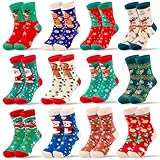 MGparty 12 Pairs Kids Christmas Socks Holiday Crew Socks for Boys Girls Colorful Xmas Gift Cute Stocking Stuffers (6-8 Years)