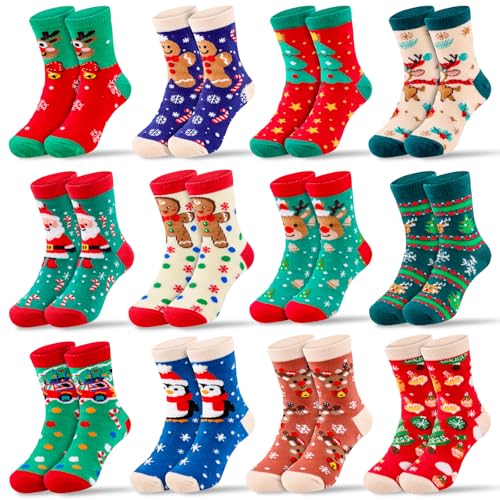 MGparty 12 Pairs Kids Christmas Socks Holiday Crew Socks for Boys Girls Colorful Xmas Gift Cute Stocking Stuffers (6-8 Years)