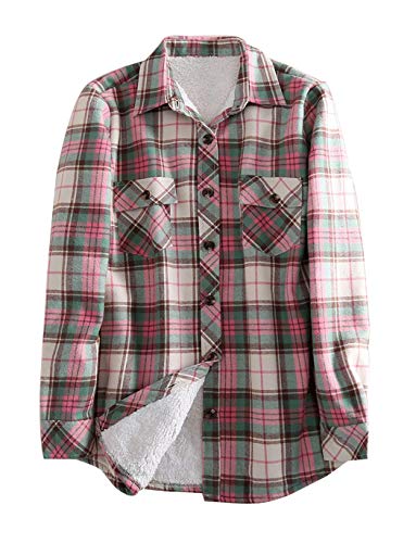 Haellun Womens Long Sleeve Fleece Sherpa Lined Winter Flannel Plaid Shirt Jacket (Khaki, Large)