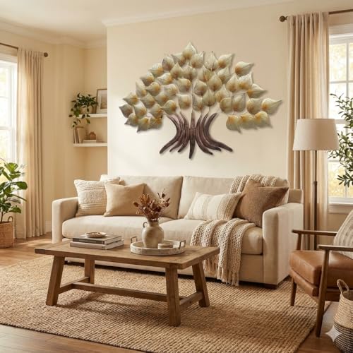 Image of Bharat Art Metal Iron Tree Wall Art Decor for Home Bedroom Living room Cafe Interior Decorative | Elegant Wall Hanging Sculpture with LED Light | Gift Items | Pipal Tree | 60 x 36 Inch | W025