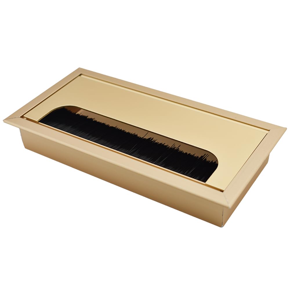 HAHIYO Gold Aluminum Alloy Desk Grommet,80x160mm Premium Cable Organizer with Flip Cover and Dustproof Brush–Durable Wire Management Solution for Home