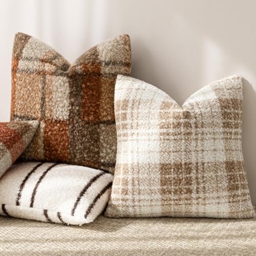 Image of Foindtower Pack of 2 Soft Faux Fur Boucle Throw Decorative Pillow Covers Fuzzy Accent Check Cushion Sherpa Boho Farmhouse Pillowcase for Couch Sofa Bed Living Room Home Decor 20x20 Inch,Khaki Brown