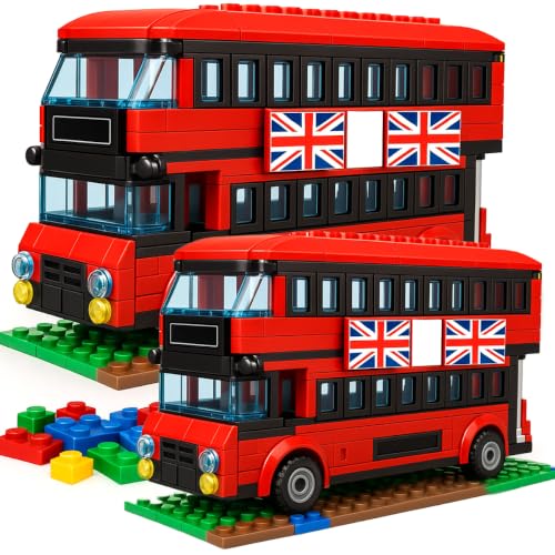 Toyana 976 Pieces London Bus Building Blocks Set Double City Bus Model Kit with 3 Mini Figures City Stop Construction Toy Creative DIY Educational STEM Family Game Gift Set for Boys Girls Pack of 2