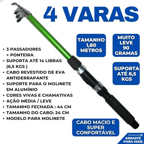 Kit De Pesca Completo 4 Vara + 4 Molinete e Maleta Com Acessórios Bóias, Anzóis, Chumbadas, Iscas, G