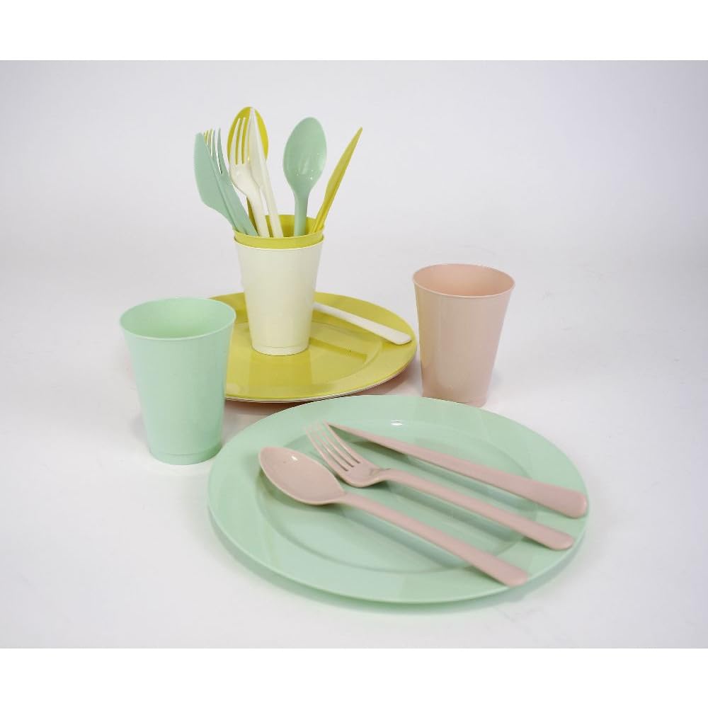 PARENCE.- Set de Pique Nique 20 Pièces - Assiettes, Couverts, Verres - Lot 20 Pièces Camping en PVC Réutilisable, Polyvalent, Complet