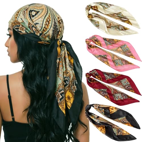 Image of DRESHOW 35 inch Large Square Satin Head Scarf - 4Pcs Silk Accessories Classic Patterned Squares Beach Bandanas for Women