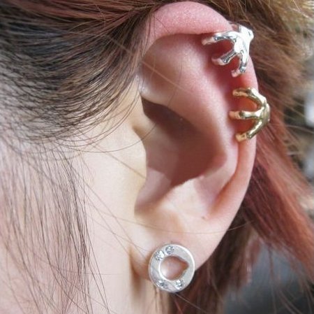 Great Set Kit of 2 Punk Style Ear Cuffs Clips In Gold And Silver Colors And Claws/Bird Eagle Talons Shapes By VAGA