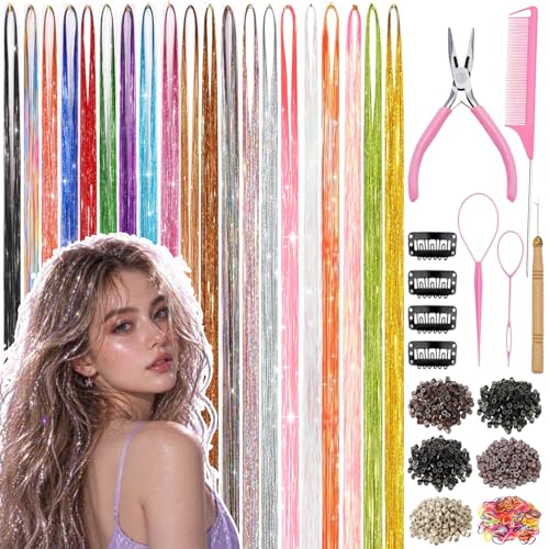 Hair Tinsel Kit 20 Colors 48 Inch 9300 Strands Heat Resistant Glitter Tinsel Hair Extensions with Tools DIY Sparkling Hair Accessories for Women Girls (20 Colors Hair Tinsel Kit)
