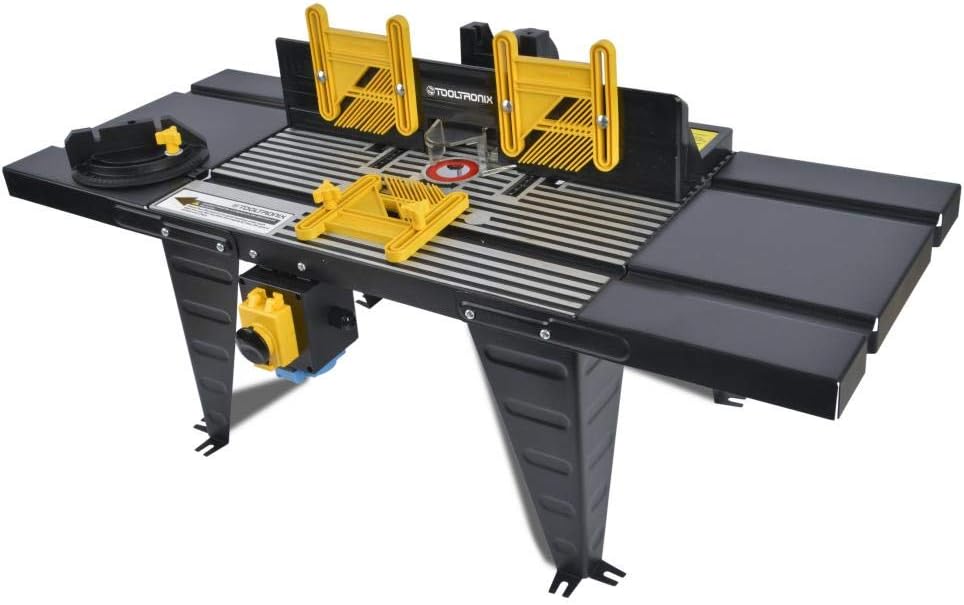 ToolTronix 1800W Bench Mounted Electric Router Table Aluminium Surface 460mm x 335mm, NVR No Volt Release Switch, Three Feather Boards, Extension Tables