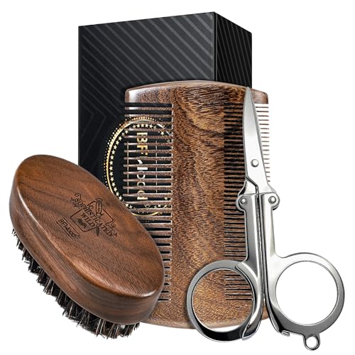 BFWood Mens Beard Brush Comb Kit Small Travel Beard Set - Natural Boar Bristles With Black Walnut Wood Grooming Sandalwood Mustache Comb Mustache Trimming Sissors With Storage Bag