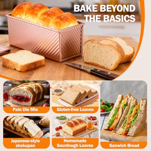 Image of Pullman Loaf Pan with Lid, 13x4, Nonstick Sandwich Bread Loaf Pan | 2.2LB, Heavy Duty Carbon Steel Corrugated Toast Box with Cover for Homemade Sourdough Bread Baking, Bakeware, Bakers Gift