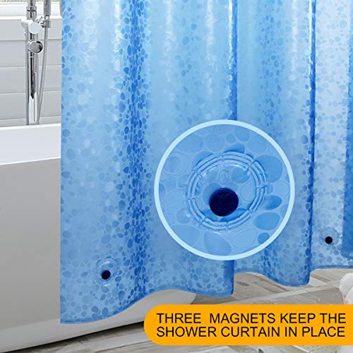 WELTRXE EVA 8G Shower Curtain Liner, 72x72 Inch 3D Blue Pebble Heavy Duty Waterproof Bathroom Shower Liner with Weighted Magnets Thick Clear Plastic Shower Curtains for Shower Stall, Bathtub, 12 Hooks