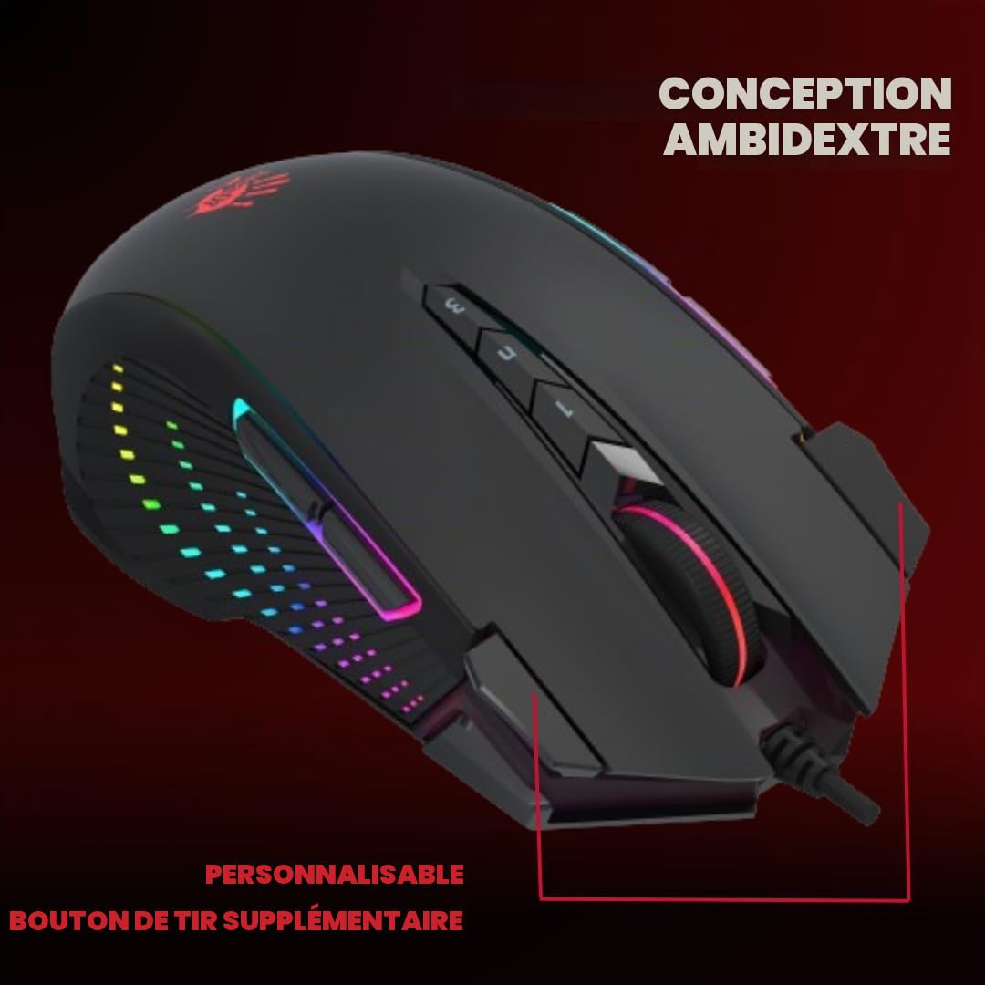 A4Tech Bloody J90S Souris de Jeu – Activée à 4 cœurs – RVB Personnalisable – 8 000 CPI / 150IPS – 6 Modes de Sniper – 2 Boutons de tir supplémentaires – Axe X/Y réglable – Bottes en métal X'Glide