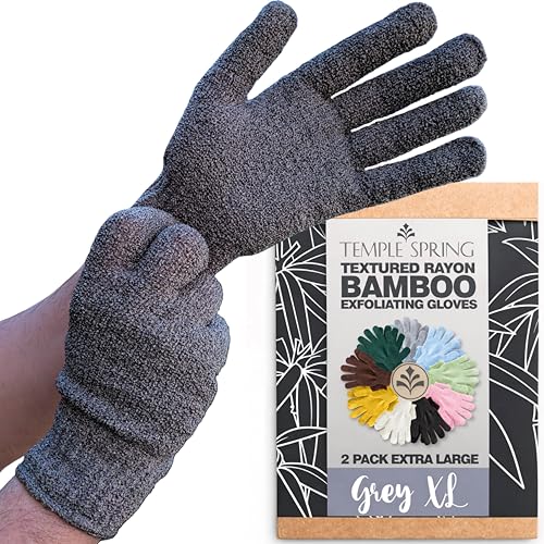 Temple Spring Exfoliating Glove, Carbonized Rayon Bamboo Body Scrubber, Loofah Exfoliating Mitt, Shower Scrubber Wash Cloth, Body Exfoliator Scrub, Loofa Shower Gloves Bath Sponge - Grey XL