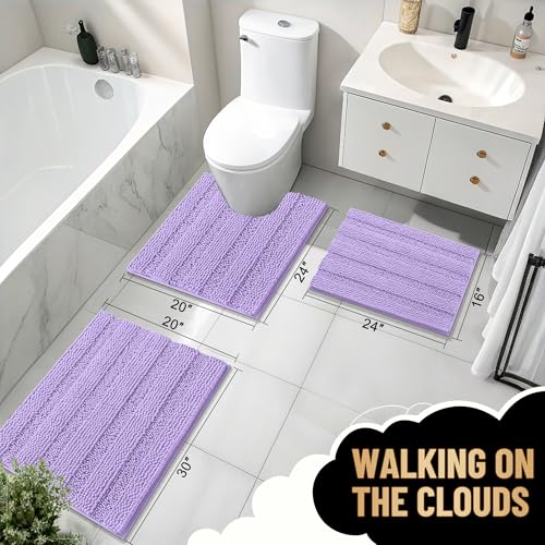 Image of OLANLY Thick Bathroom Runner Rugs 44x24, Extra Absorbent Chenille Striped Bath Rugs, Rubber Backing, Machine Wash Dry, Long Bath Mats for Bathroom, Tub and Shower, Home Decor Accessories, Lavender
