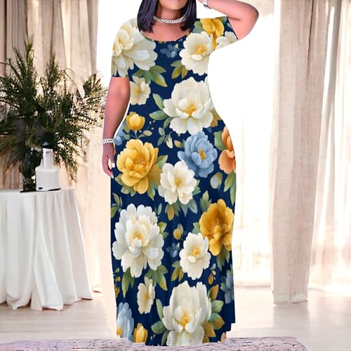 Image of PinkPatty Women's Plus Size Maxi Dresses Short Sleeve Sundress Summer T-Shirt Beach Long Dress with Pockets
