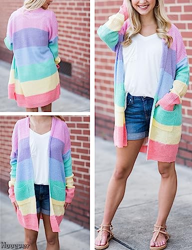 Hooever Women's Long Pastel Knitted Rainbow Striped Color Block Cardigan Sweater（Rainbow-L） #TOP5