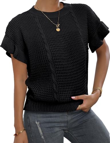 Image of Womens Short Sleeve Sweaters Ruffle Crewneck Pullover Sweater 2025 Casual Lightweight Summer Tops