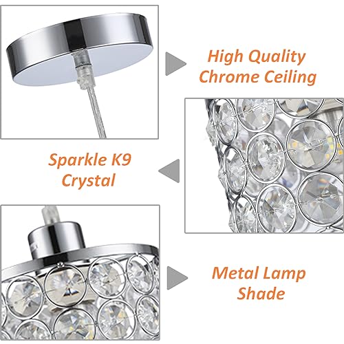 Cuaulans 3 Pack Modern Chrome Crystal Ceiling Pendant Lighting, Adjustable Pendant Light for Kitchen Dinning Room Bedroom