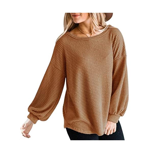 MEROKEETY-Womens-Long-Balloon-Sleeve-Waffle-Knit-Tops-Crew-Neck-Oversized-Sweater-Pullover MEROKEETY Women's 2023 Fall Long Balloon Sleeve Waffle Knit Tops Crew Neck Oversized Sweater Pullover, Brown, S