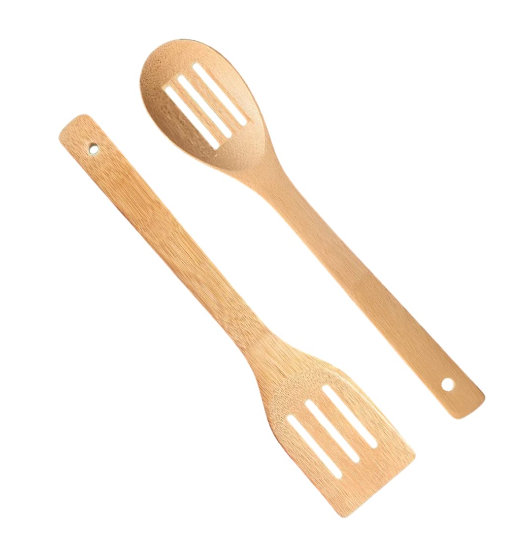 Eco-Friendly Bamboo Spatula Set - Pack of 2, Non-Scratching Ladles & Turners for Cooking, Serving, Mixing