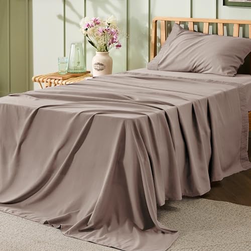 Image of Bedsure Twin Sheets Set - 3 Pieces Soft Twin Bed Sheets - Breathable & Cooling - Hotel Luxury - Easy Care Polyester Microfiber Bedding for Women, Men, Khaki