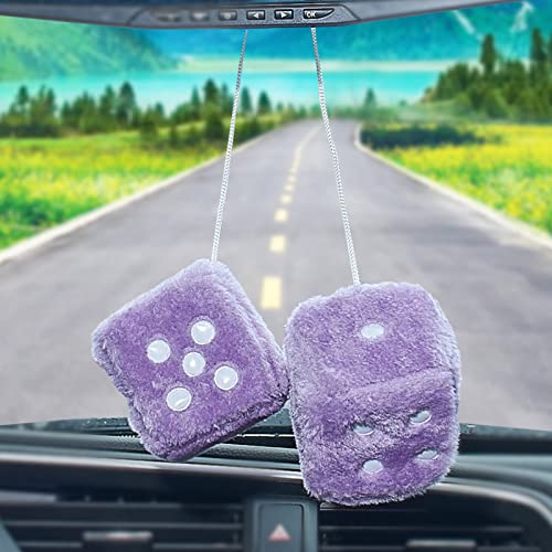 Image of 2.95'' Retro Fuzzy Plush Dice Car Charm Square Plush Dice Car Rear View Mirror Hanging Ornament Car Mirror Hanging Accessories, Purple