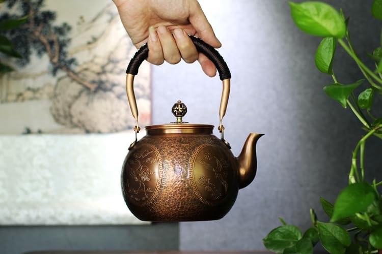 Miniatura 8 de Kunwu - Tetera redonda de cobre hecha a mano con martillo pequeño, tetera de cobre puro de 0.059 in de grosor, hecha a mano, 40.6 fl oz - 1,71 bl