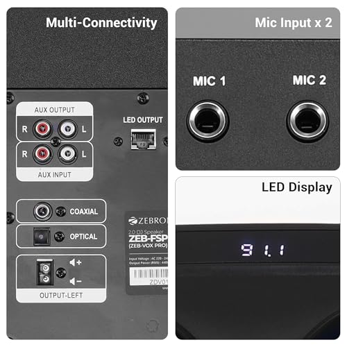 Image of ZEBRONICS VOX PRO 2.0 DJ Party Bluetooth Speaker, 420W, Karaoke & Record, BT v5.3 | Optical | Coaxial | USB | 2X Mic Input | Aux | SD | FM, Multicolor LED, 4 x 12 Full Range Drivers, 2X Wireless Mic