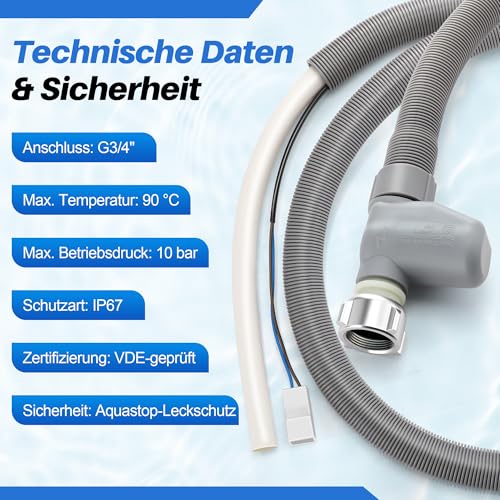 Enhon Aquastop Zulaufschlauch für Spülmaschine, 1,8 m, mit Leckschutz, kompatibel mit Bosch, Siemens, Neff, Miele, Electrolux, Ersatz für 00668113/668113