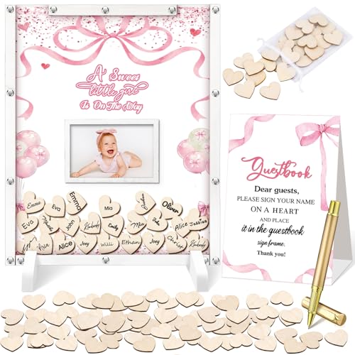 Image of Beeveer 65 Pcs Pink Bow Baby Shower Guest Book Alternatives Coquette Baby Shower Sign in Guest Book Decoration Pink Bow Decorations with Photo Frame and 60 Wood Heart Slices Keepsakes Gifts for Guests