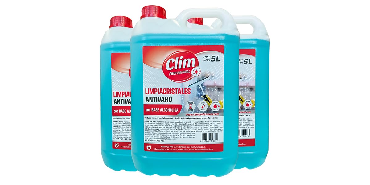 Clim Profesional Liquido LimpiaCristales 3x5 Litros | De secado rápido antivaho. Para todo tipo de superficies de vidrio, cristal o espejo.