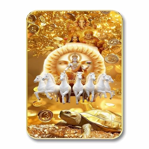 Image of SAF Surya Narayan Wall Art with Table Top Stand & Wall Hanging Hole | Lakshmi Ganesha Kurma Seven Horses MDF Religious Painting for Mandir Home Decor