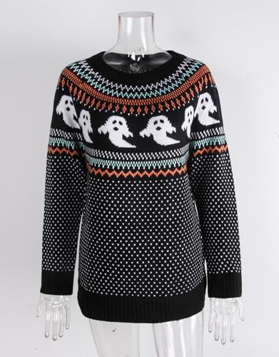 Image of Women's Fair Isle Sweaters Long Sleeve Crew Neck Loose Casual Halloween Pullover Sweater Black Medium